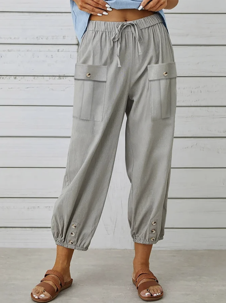 

Casual Plain Cotton Linen Style Pants, Gray, Pants
