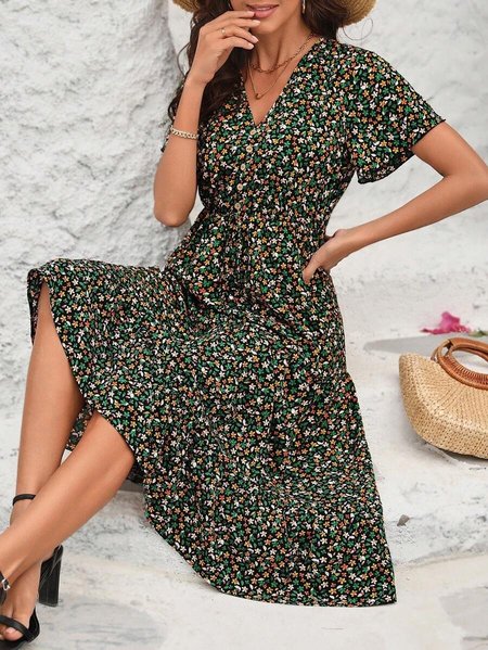

Vacation Floral Loose Dress, Green, Dresses