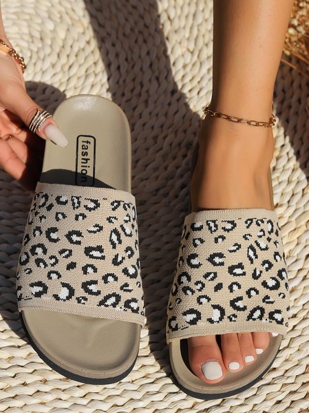 

Mesh Fabric Summer Casual Leopard Slide Sandals, Khaki, Slippers