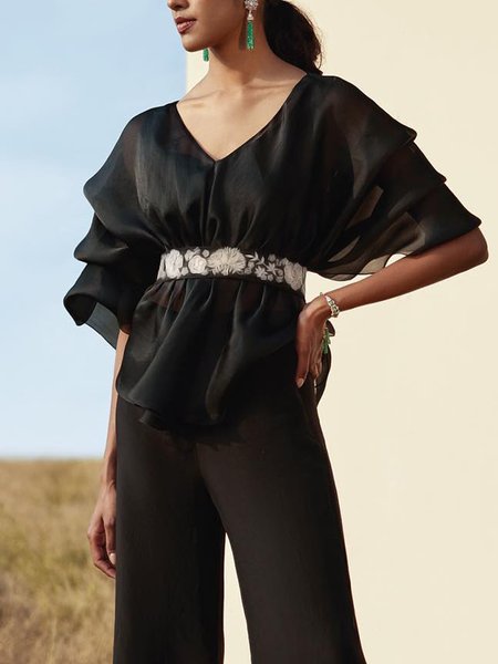 

Plain Elegant Loose V Neck Shirt With Belt, Black, Blouses and Shirts