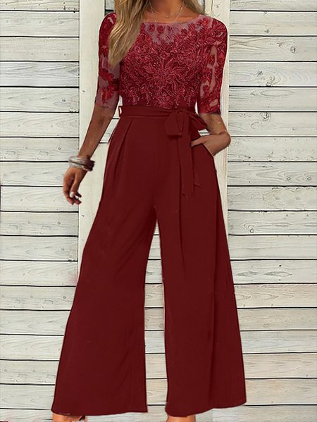

Elegant Crew Neck Lace Jumpsuit With Belt, Red, Jumpsuits＆Rompers