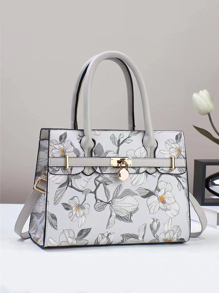 

Elegant Floral Printed Tote Bag Large Capacity Handbag with Crossbody strap, Gray, Bags