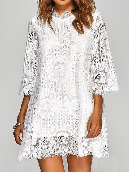 

Women Floral Long Sleeve Comfy Casual Lace Short Dress, White, Dresses
