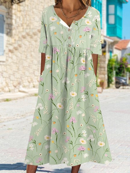 

Loose Casual Buttoned Floral Dress With No, Green, Dresses