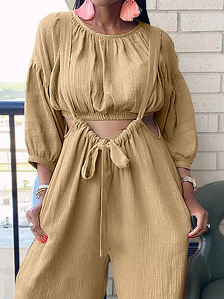 

Plain Crew Neck Three Quarter Sleeve Regular Fit Casual Shirt, Light khaki, Blouses and Shirts