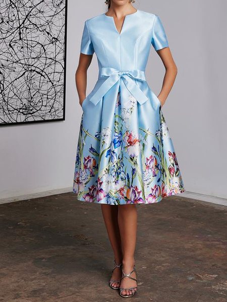 

Floral Elegant Regular Fit Short Sleeve Others Dress With Belt, Blue, Midi Dresses
