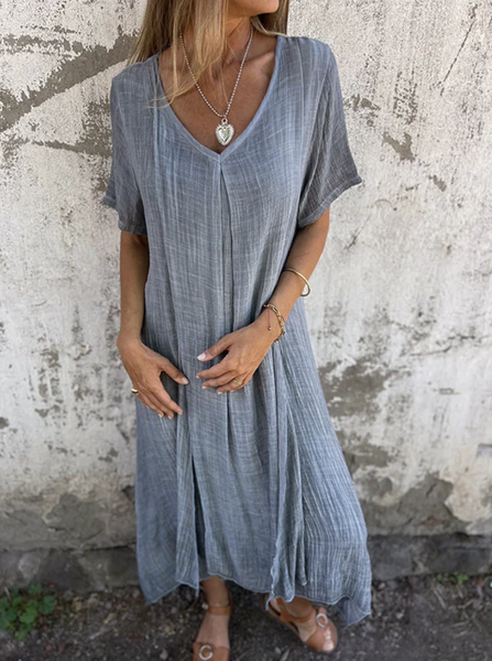 

V Neck Simple Plain Dress, Blue, Maxi Dresses