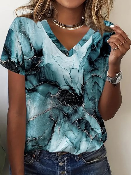 

Women's Short Sleeve Tee T-shirt Summer Abstract V Neck Casual Top, Blue, T-Shirts