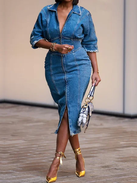 

Micro-Elasticity Plain Shirt Collar Short Sleeve Urban Denim Midi Dress, Denim blue, Midi Dresses
