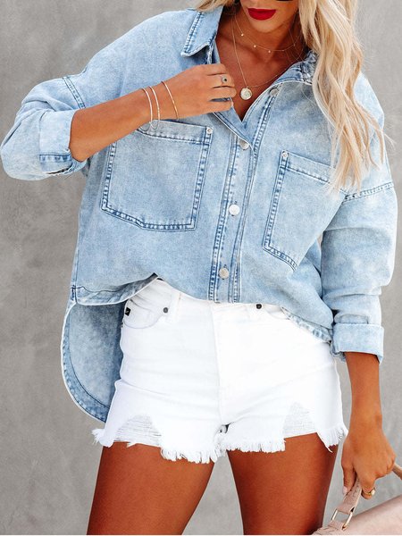 

Women's Plain Regular Loose Jacket, Blue, Shirts