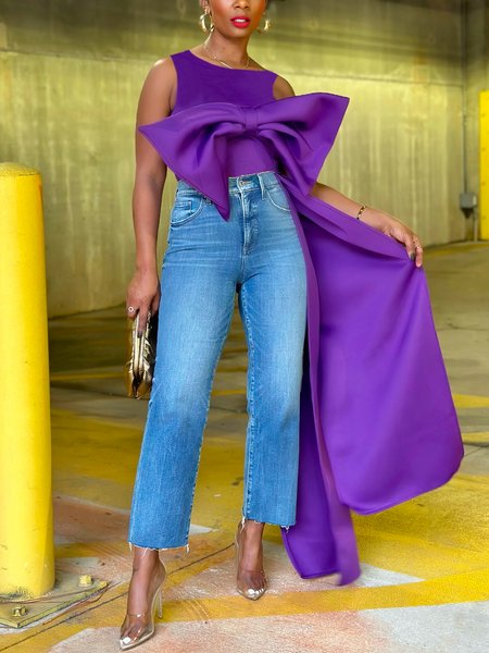 

Plain Elegant Crew Neck Sleeveless Shirt, Purple, Blouses and Shirts