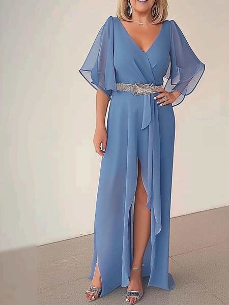 

Loose Elegant V Neck Plain Dress With Belt, Blue, Dresses