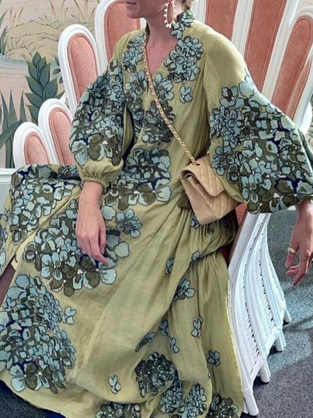 

Vacation V Neck Loose Floral Maxi Dress, Green, Maxi Dresses