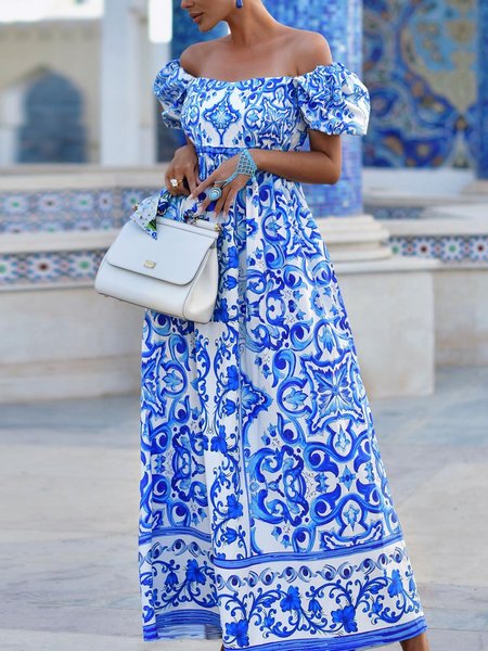 

Vacation Abstract Cold Shoulder Regular Fit Dress, Blue, Maxi Dresses