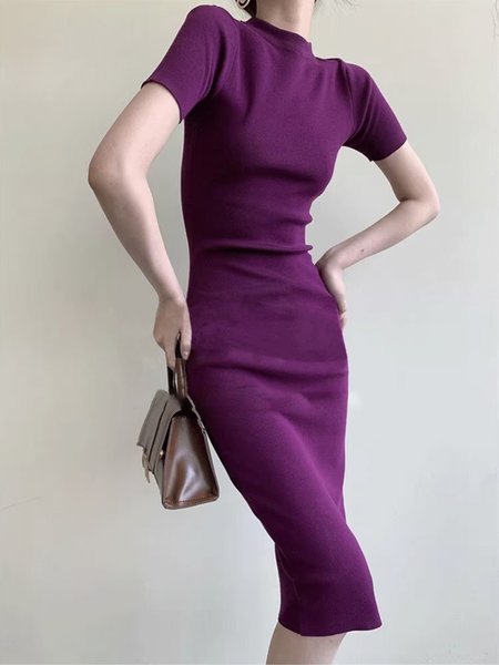

Urban Half Turtleneck Plain Regular Fit Dress, Purple, Midi Dresses
