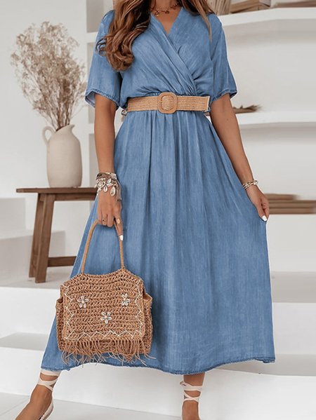 

Women Plain V Neck Short Sleeve Comfy Casual Midi Dress, Blue, Maxi