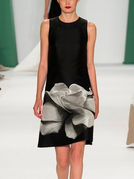 

Crew Neck Urban Floral Loose Mini Dress, Black, Mini Dresses