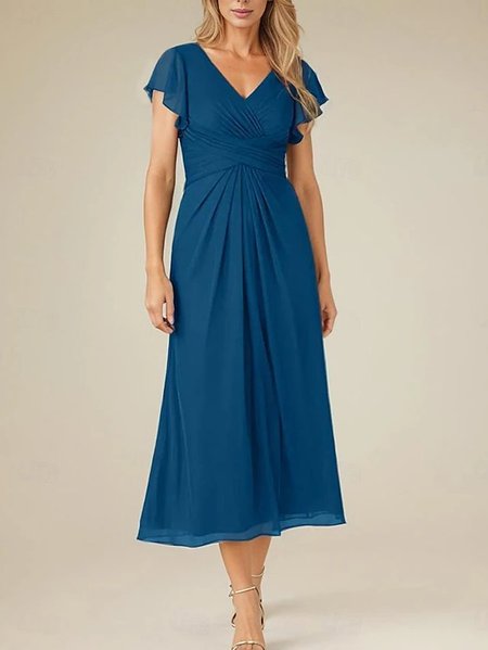 Elegant Chiffon V Neck Dress, Blue, Dresses