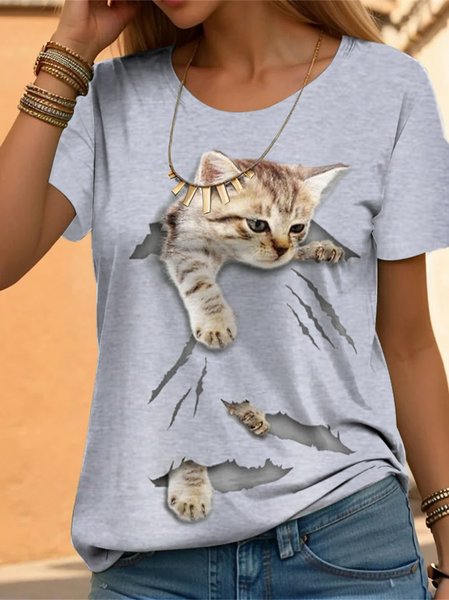 

Cat Loose Casual T-Shirt, Gray, T-Shirts