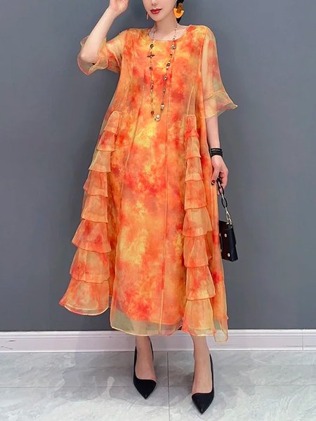 

Loose Random Print Crew Neck Vacation Maxi Dress, Orange, Maxi Dresses