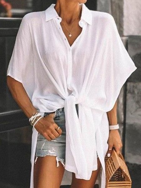 

Casual Shawl Collar Loose Plain Blouse, White, Blouses and Shirts