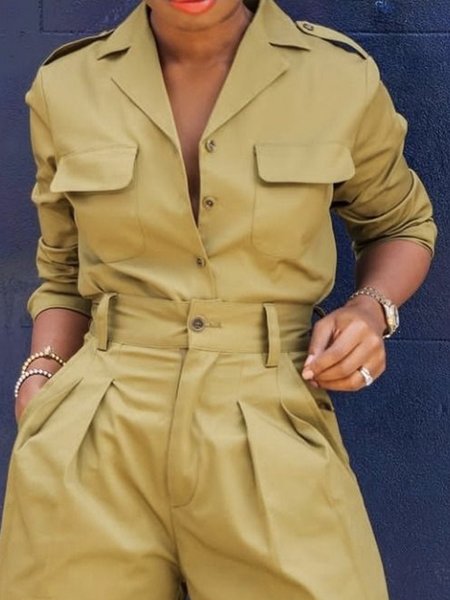 

Daily Pocket Stitching Plain Urban Blouse, Khaki, Blouses and Shirts