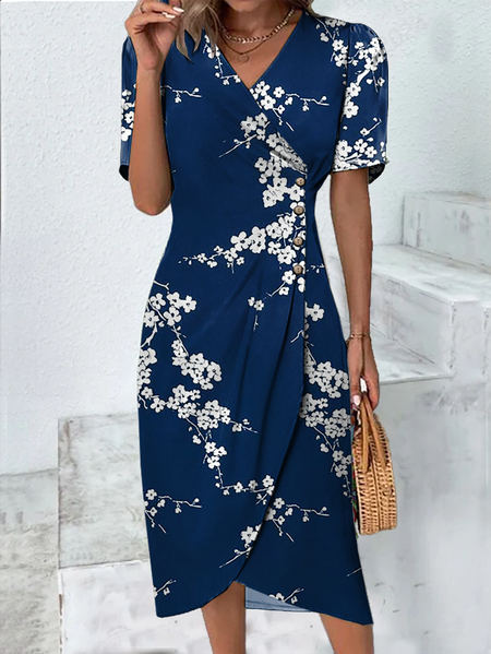 Women's Floral Short Sleeve Summer Buckle Dress Cross Neck Daily Vacation Mini H-Line Dress, Purplish blue, Dresses