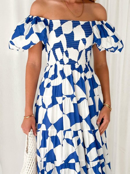 

Women wedding guest dress Geometric Boat Neck Short Sleeve Comfy Casual Midi Dress, Blue-white, Maxi