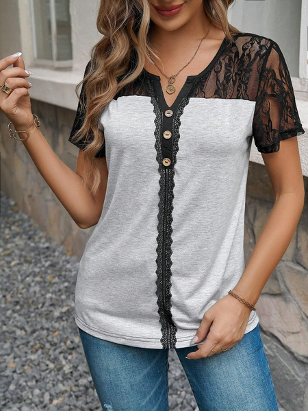

Casual Notched Lace Edge Shirt, Gray, Shirts & Blouses
