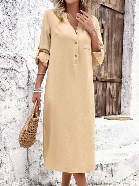 

Women Plain V Neck Long Sleeve Comfy Casual Buckle Midi Dress, Apricot, Midi