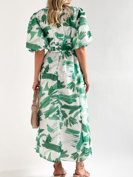 

Women Floral Deep V Neck Short Sleeve Comfy Casual Maxi Dress, Green, Maxi
