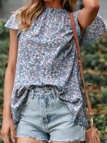 

Short Sleeve Small Floral Regular Loose Shirt For Women, Blue, Blouses