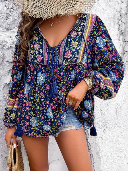 V Neck Long Sleeve Ethnic Regular Loose Shirt For Women, Purplish blue, Blouses