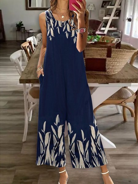 

Loose Leaf Casual Crew Neck Jumpsuit, Dark blue, Jumpsuits＆Rompers