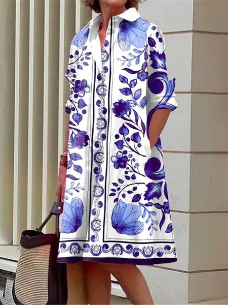 

Shirt Collar Urban Random Print Midi Dress With No Belt, Blue, Midi Dresses