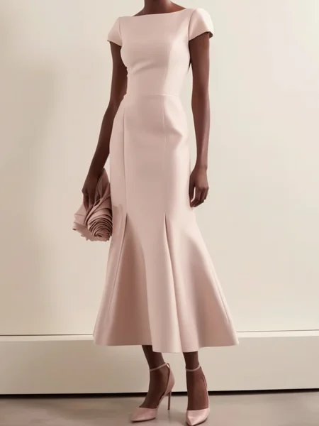 

Women's Short Sleeve Summer Plain Ruched Dress Boat Neck Commuting Going Out Urban Midi A-Line Light Pink, Dresses