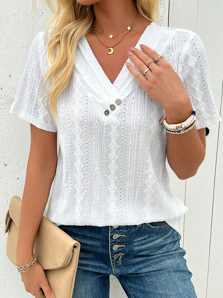 

Casual Cotton-Blend V Neck Buckle Shirt, White, Shirts & Blouses