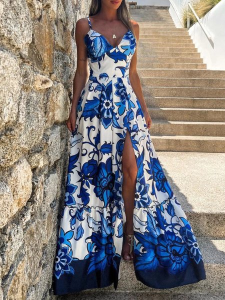 

Vacation Floral V Neck Regular Fit Slip Dress, Blue, Maxi Dresses