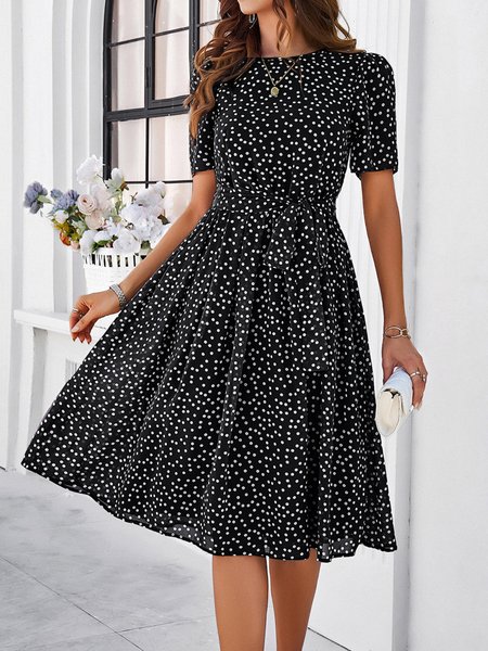 

Women Polka Dots Crew Neck Short Sleeve Comfy Casual Midi Dress, Black, Midi