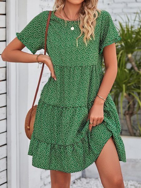 

Women Polka Dots Crew Neck Short Sleeve Comfy Casual Short Dress, Green, Short