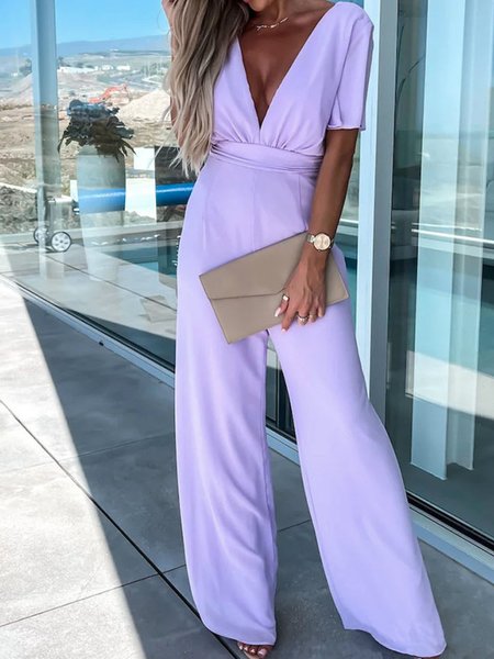 

Women Long Sleeve V Neck Loose Long Daily Casual Plain Natural Jumpsuit, Purple, Jumpsuits&Rompers