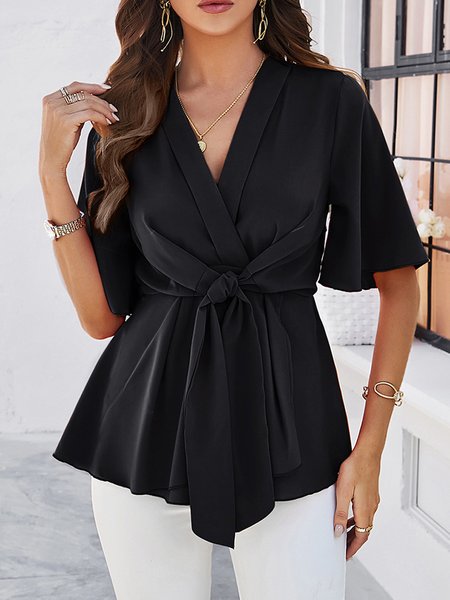 

V Neck Short Sleeve Plain Regular Loose Shirt For Women, Black, Blouses