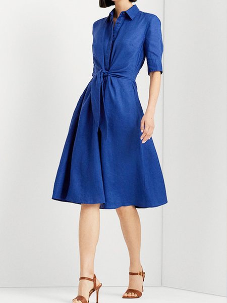 

Shirt Collar Urban Regular Fit Knot Front Dress With No, Blue, Midi Dresses