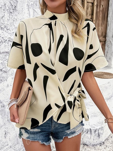 

Half Turtleneck Short Sleeve Geometric Regular Loose Shirt For Women, Apricot, Blouses