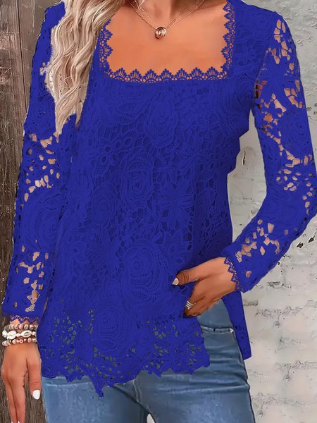 

Women Plain Square Neck Casual Short Sleeve T-shirt, Deep blue, Tees & T-shirts
