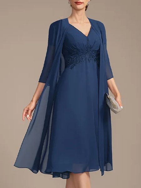 

Chiffon V Neck Plain Elegant Two-Piece Set, Dark blue, Suit Set