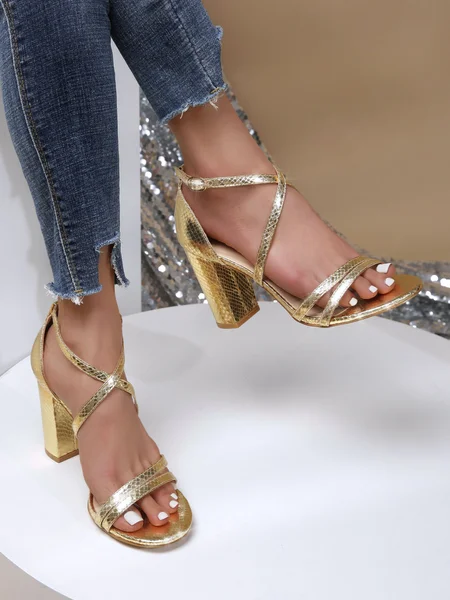 

Metallic Embossed Chunky Heeled Strappy Sandals, Golden, Sandals