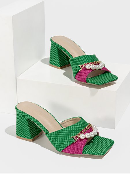 

Elegant Pearl Chain Decor Color-block Chunky Heel Mule Sandals, Green, Slippers