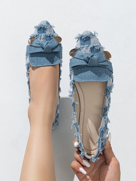 Fashionable Denim Plaid Fringe Bowknot Flat Shallow Shoes