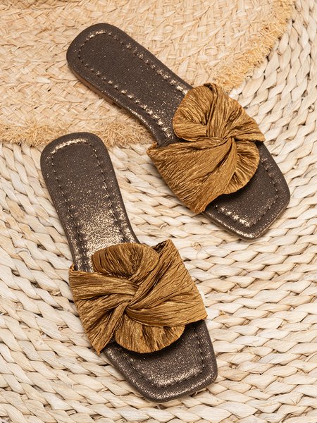 

Bowknot Satin Flat Heel Slide Sandals, Brown, Slippers